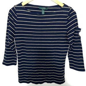 Lauren Ralph Lauren Navy Blue 3/4 Sleeve Top With Gold Stripes And Crest Size  S